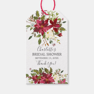 Watercolor Red Poinsettia Holly Bridal Shower Gift Tags