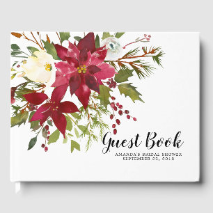 Watercolor Red Poinsettia Holly Bridal Shower Guest Book