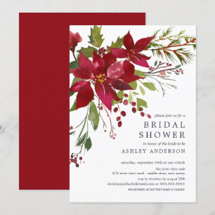 Watercolor Red Poinsettia Holly Bridal Shower Invitation