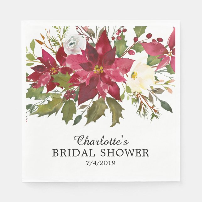 Watercolor Red Poinsettia Holly Bridal Shower Napkin (Front)