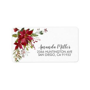 Watercolor Red Poinsettia Holly Return Address Label