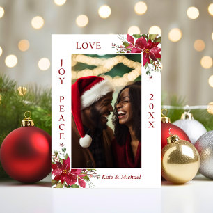 Watercolor Red Poinsettia JOY PEACE LOVE   PHOTO Holiday Card