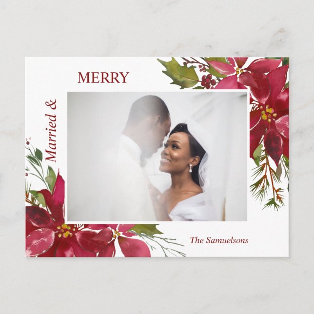 Watercolor Red Poinsettia Married Merry Christmas Postcard (Front)