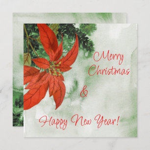Watercolor Red Poinsettia Merry Christmas  Holiday Card