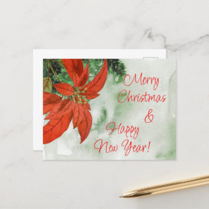 Watercolor Red Poinsettia Merry Christmas Holiday Postcard