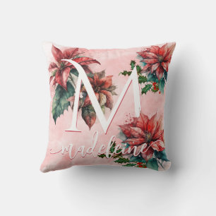 Watercolor Red Poinsettia Mistletoe Name Christmas Cushion