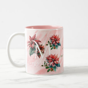 Watercolor Red Poinsettia Mistletoe Name Christmas Two-Tone Coffee Mug