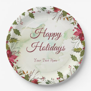 Watercolor Red Poinsettia Paper Plate