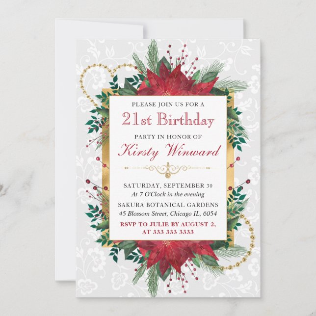 Watercolor Red Poinsettia Winter 21st Birthday Invitation (Front)