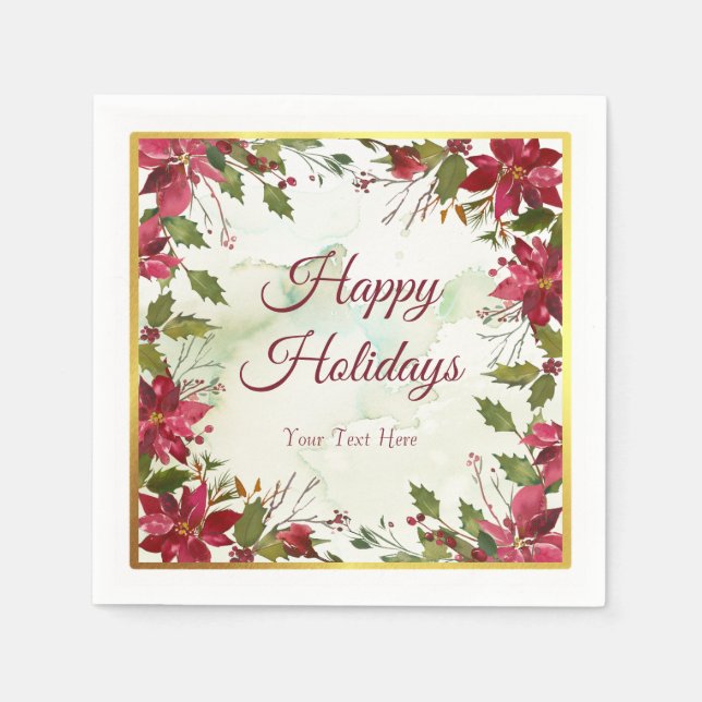 Watercolor Red Poinsettia with Faux Gold Trim Napkin (Front)