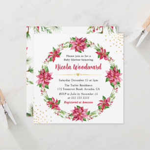 Watercolor Red Poinsettia Wreath Baby Shower Invitation