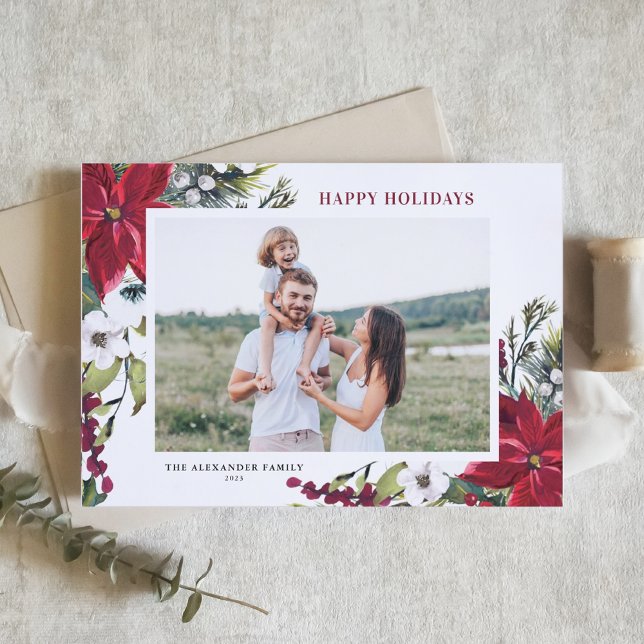 Watercolor Red Poinsettias and Fir Leaves Photo Holiday Card (Creator Uploaded)