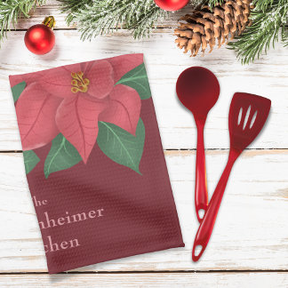 Watercolor Red Poinsettias Family Holiday Decor Tea Towel