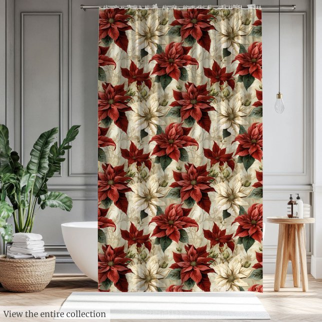 Watercolor Red Poinsettias Holiday Bathroom Decor Shower Curtain (Watercolor Red Poinsettias Holiday Bathroom Decor)