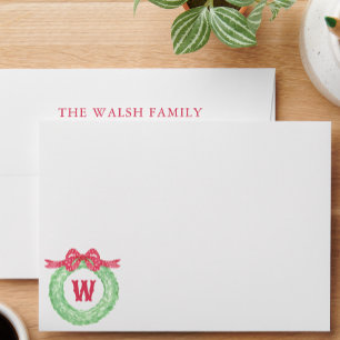 Watercolor Red Polka Dot Bow Monogram Wreath Envelope