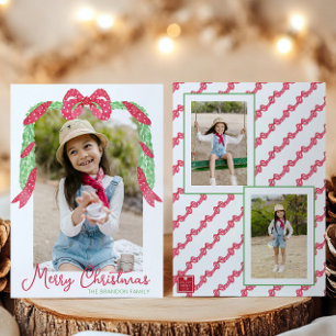Watercolor Red Polka Dot Bow Swag Christmas Photo Holiday Card