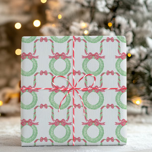 Watercolor Red Polka Dot Bow Wreath Christmas Wrapping Paper