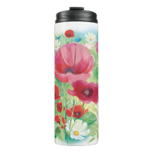 Watercolor red poppies and yellow flowers thermal tumbler