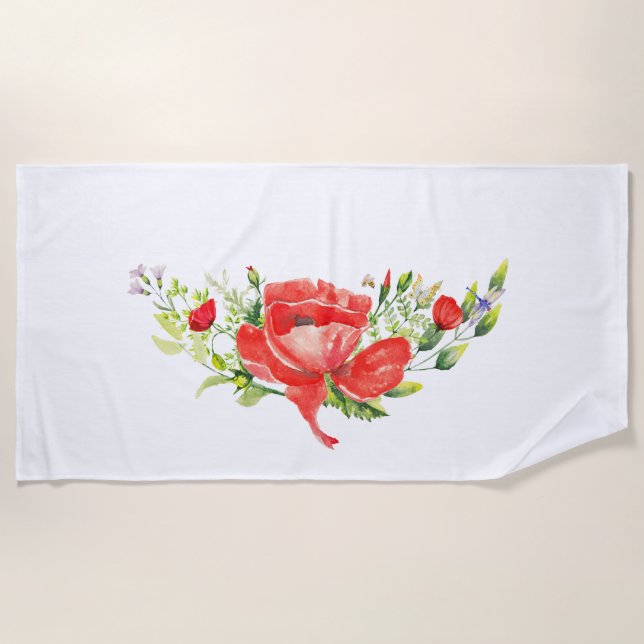 Watercolor Red Poppies Beach Towel (Front)