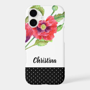 Watercolor Red Poppies Black White Polka Dots