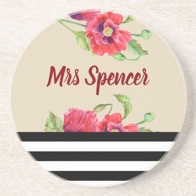 Watercolor Red Poppies Floral Art Coaster (Front)