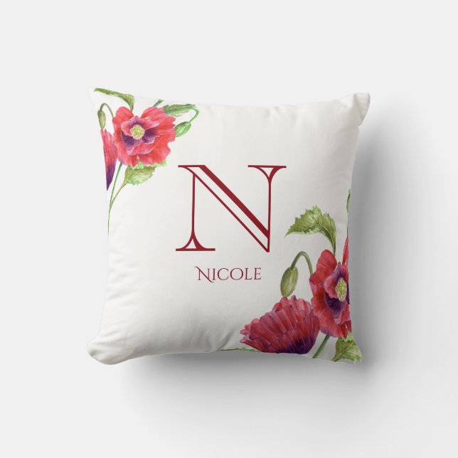 Watercolor Red Poppies Floral Art Monogram Cushion (Front)