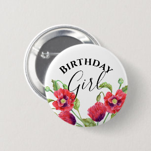 Watercolor Red Poppies Floral Birthday Girl 6 Cm Round Badge