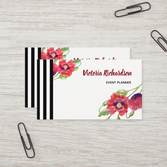 Watercolor Red Poppies Floral Design Business Card (Front/Back In Situ)
