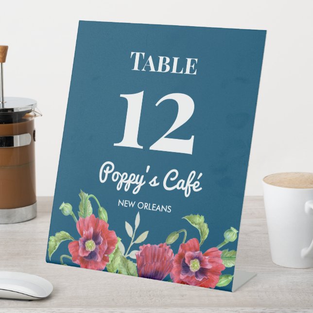 Watercolor Red Poppies Floral Illustration Cafe Pedestal Sign (In SItu)