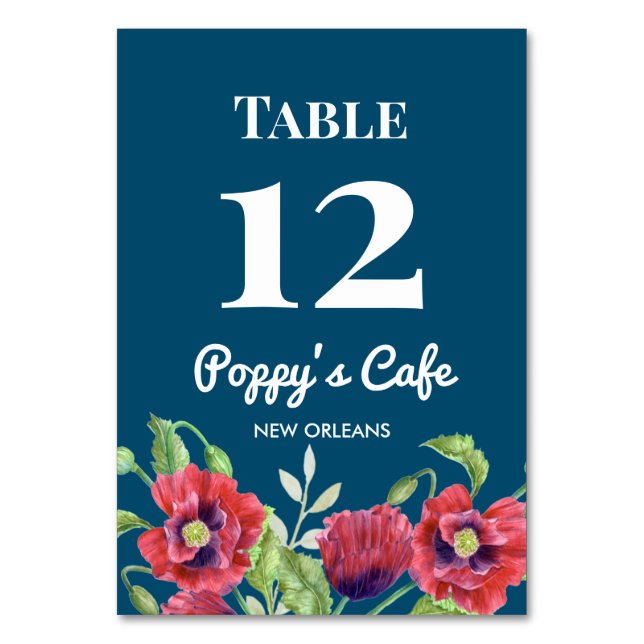 Watercolor Red Poppies Floral Illustration Cafe Table Number (Front)