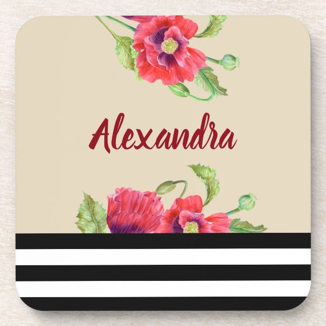 Watercolor Red Poppies Floral Illustration Coaster (Front)