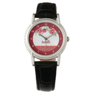Watercolor Red Poppies Floral Tartan Pattern Watch