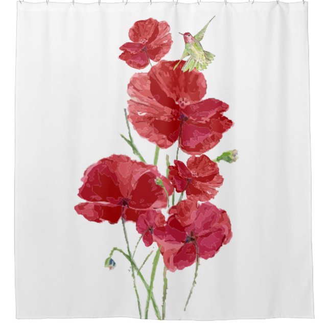 Watercolor Red Poppies Flowers Hummingbird Bird Shower Curtain (Front)