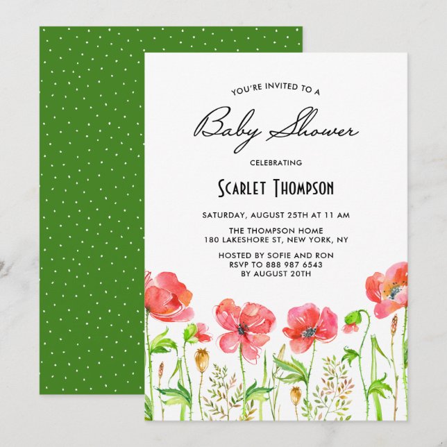 Watercolor Red Poppies Garden Baby Shower Invitation (Front/Back)
