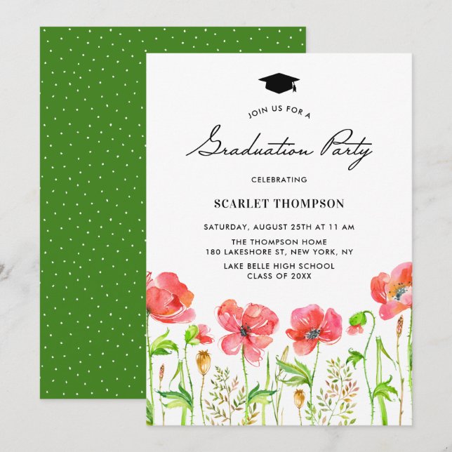 Watercolor Red Poppies Garden Graduation Party Invitation (Front/Back)