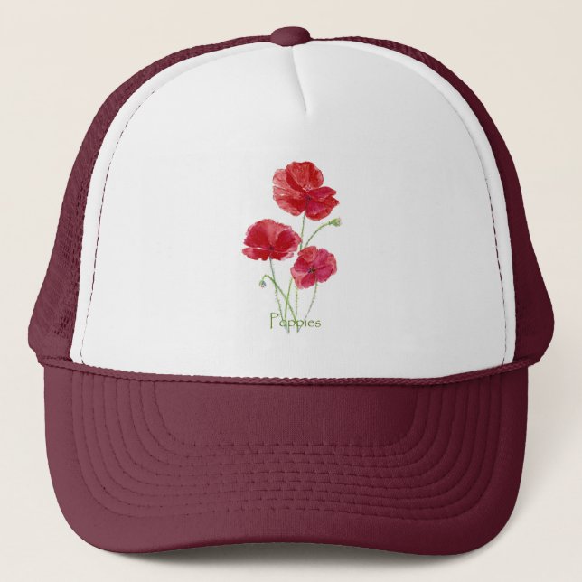 Watercolor Red Poppies Garden Poppy Flower Art Trucker Hat (Front)