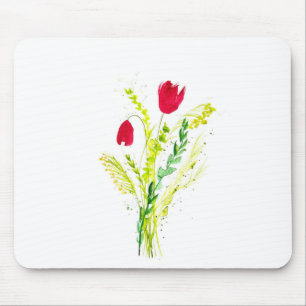 Watercolor Red Poppies Greenery Wildflowers Rustic Mouse Mat