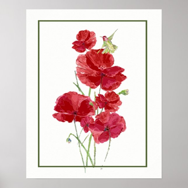 Watercolor Red Poppies & Hummingbird Garden art Poster (Front)