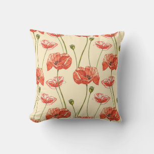 Watercolor Red Poppies Pattern. Cushion