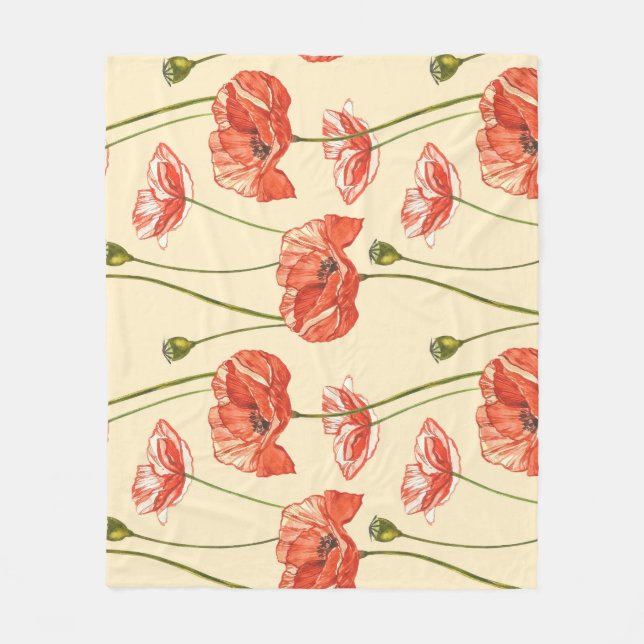 Watercolor Red Poppies Pattern. Fleece Blanket (Front)