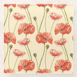 Watercolor Red Poppies Pattern. Glass Coaster