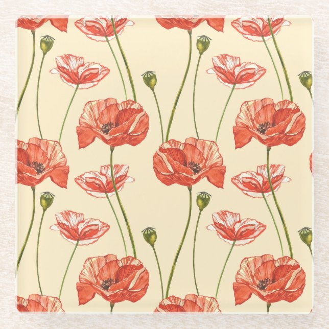 Watercolor Red Poppies Pattern. Glass Coaster (Front)