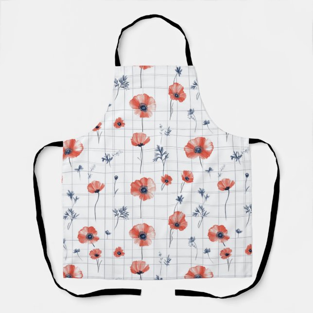 Watercolor Red Poppies Pattern on White Apron (Front)
