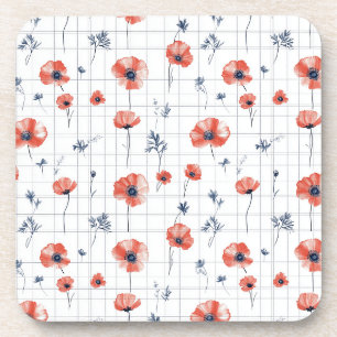 Watercolor Red Poppies Pattern on White Coaster