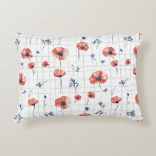Watercolor Red Poppies Pattern on White Decorative Cushion
