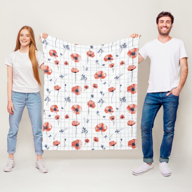 Watercolor Red Poppies Pattern on White Fleece Blanket (In Situ)