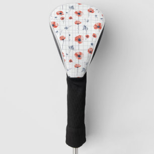Watercolor Red Poppies Pattern on White Golf Head Cover