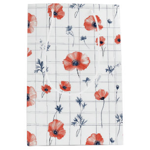 Watercolor Red Poppies Pattern on White Medium Gift Bag