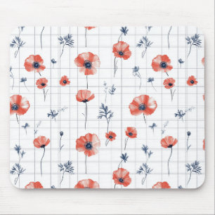 Watercolor Red Poppies Pattern on White Mouse Mat