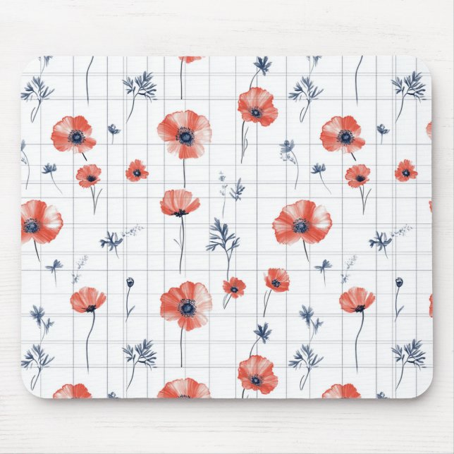 Watercolor Red Poppies Pattern on White Mouse Mat (Front)